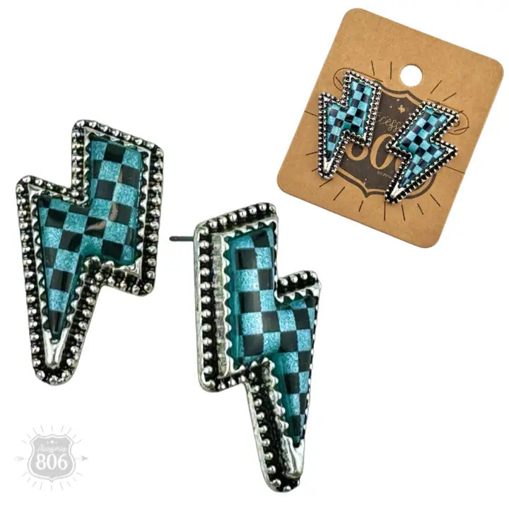 Checkerboard Print Lightning Bolt Earring | 2 Colors