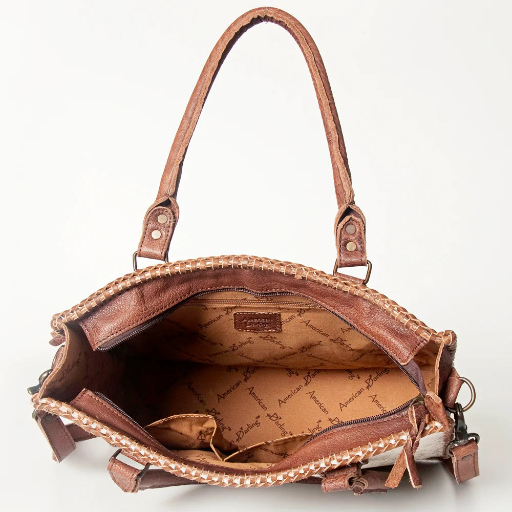 Western Cowhide Tote -Hair-On Leather Bag with Braided Whipstitch & Strap | American Darling