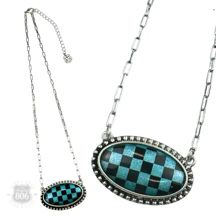 Checkerboard Print Oval Pendant Necklace | 2 Colors
