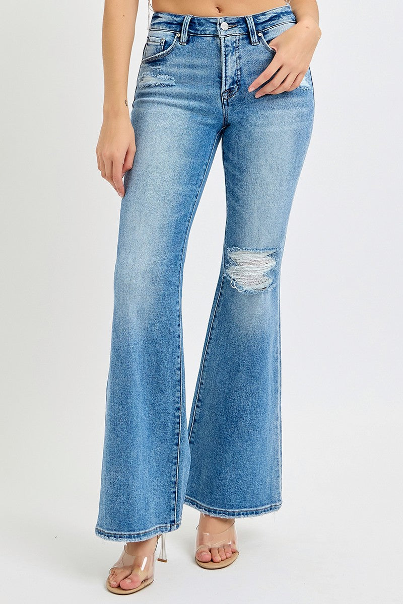 Risen Tummy Control Medium Wash Light Distressed Flare