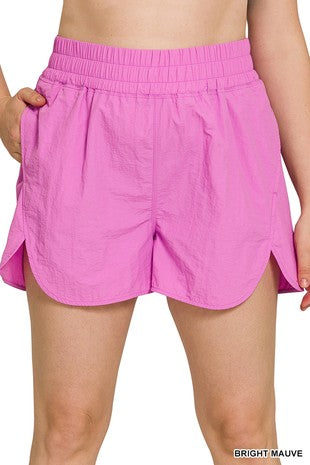 Windbreaker Smocked Waistband Running Shorts | 2 Colors | Pink & Black | s-3x