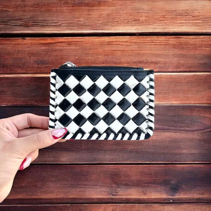Checkers Tooled Leather & Cowhide Coin Pouch