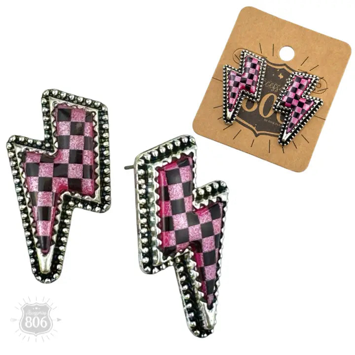Checkerboard Print Lightning Bolt Earring | 2 Colors