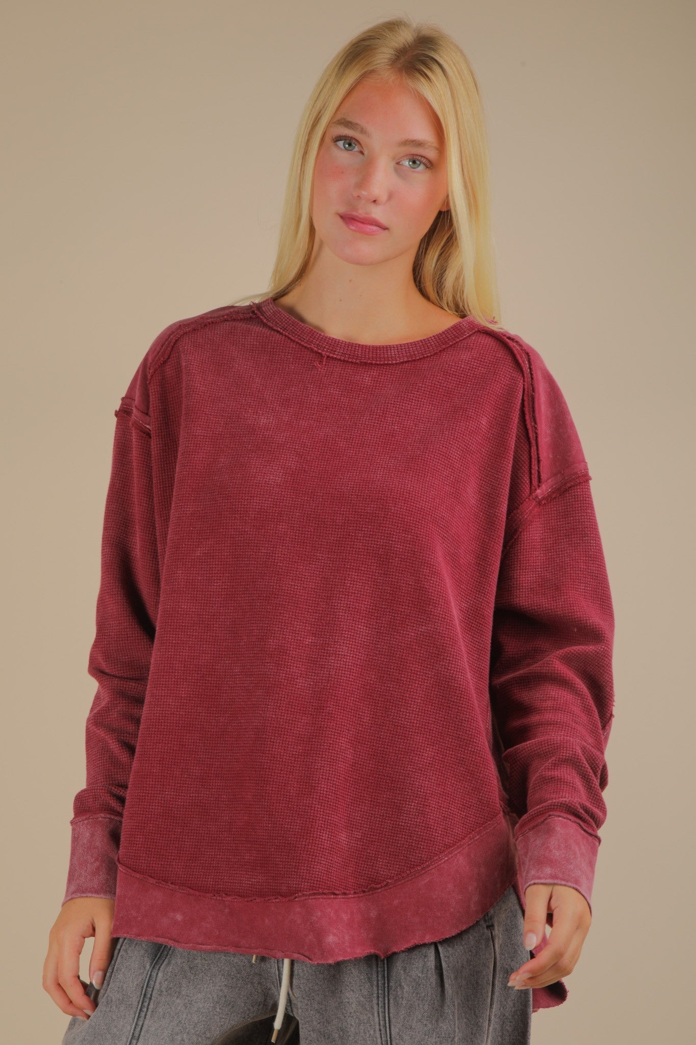 Mineral Washed Elbow Patch Contrast Knit Top | 2 COLORS