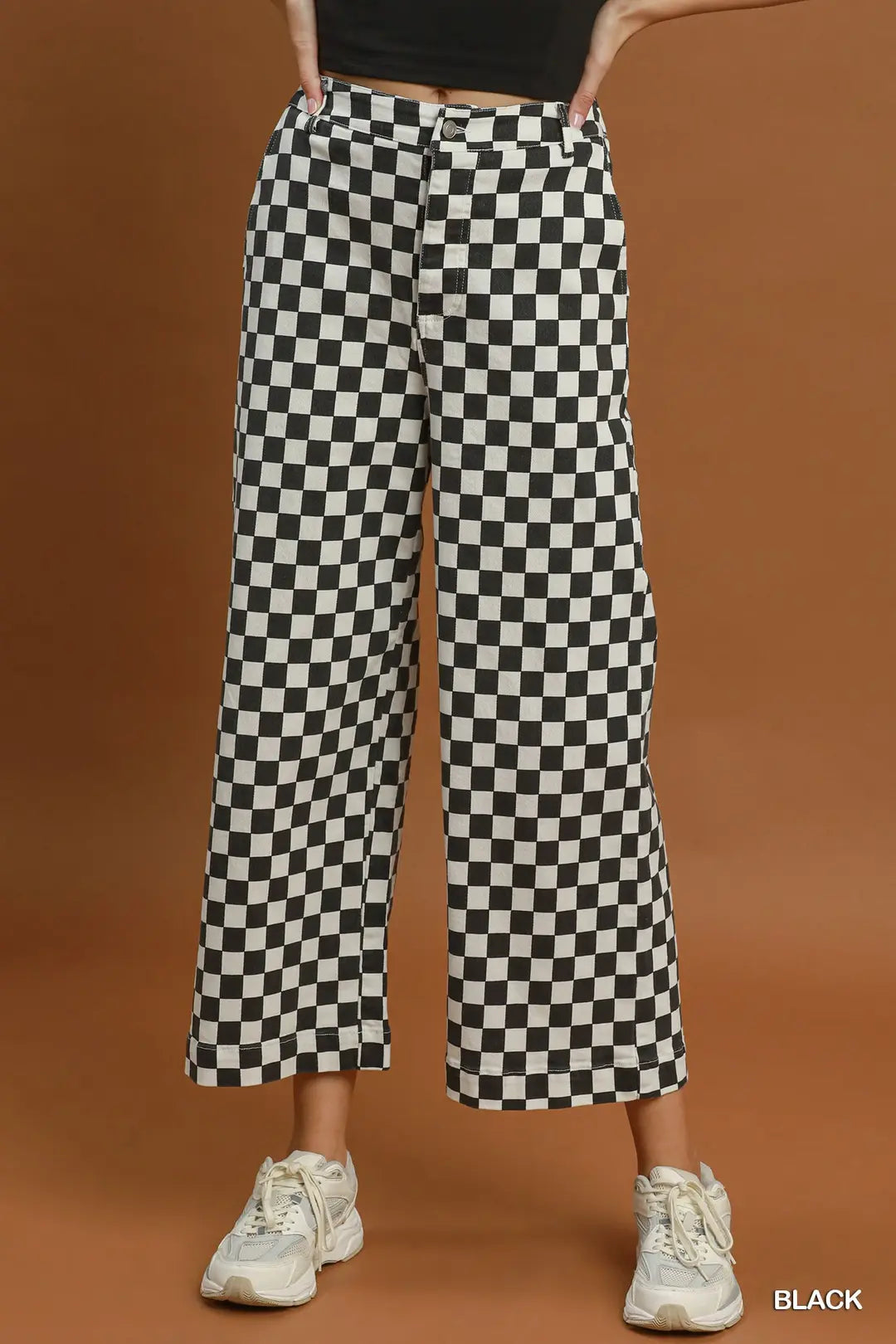 Black Checkered Crop Denim | Elastic Waistband