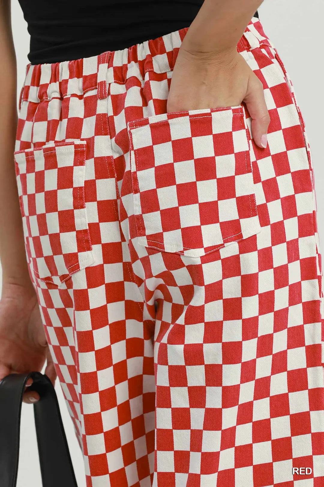 Red Checkered Crop Denim | Elastic Waistband