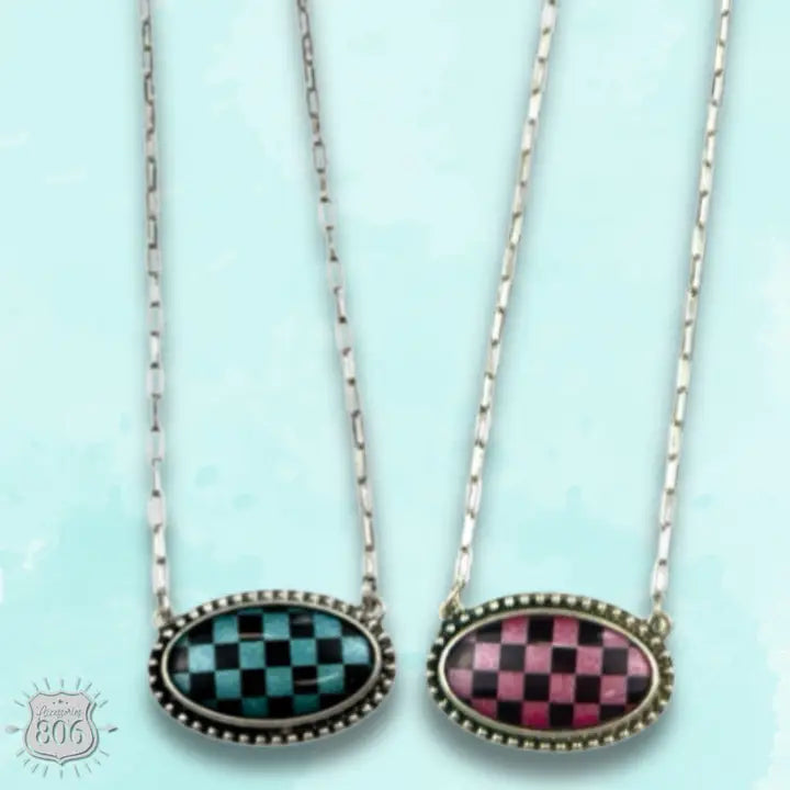 Checkerboard Print Oval Pendant Necklace | 2 Colors