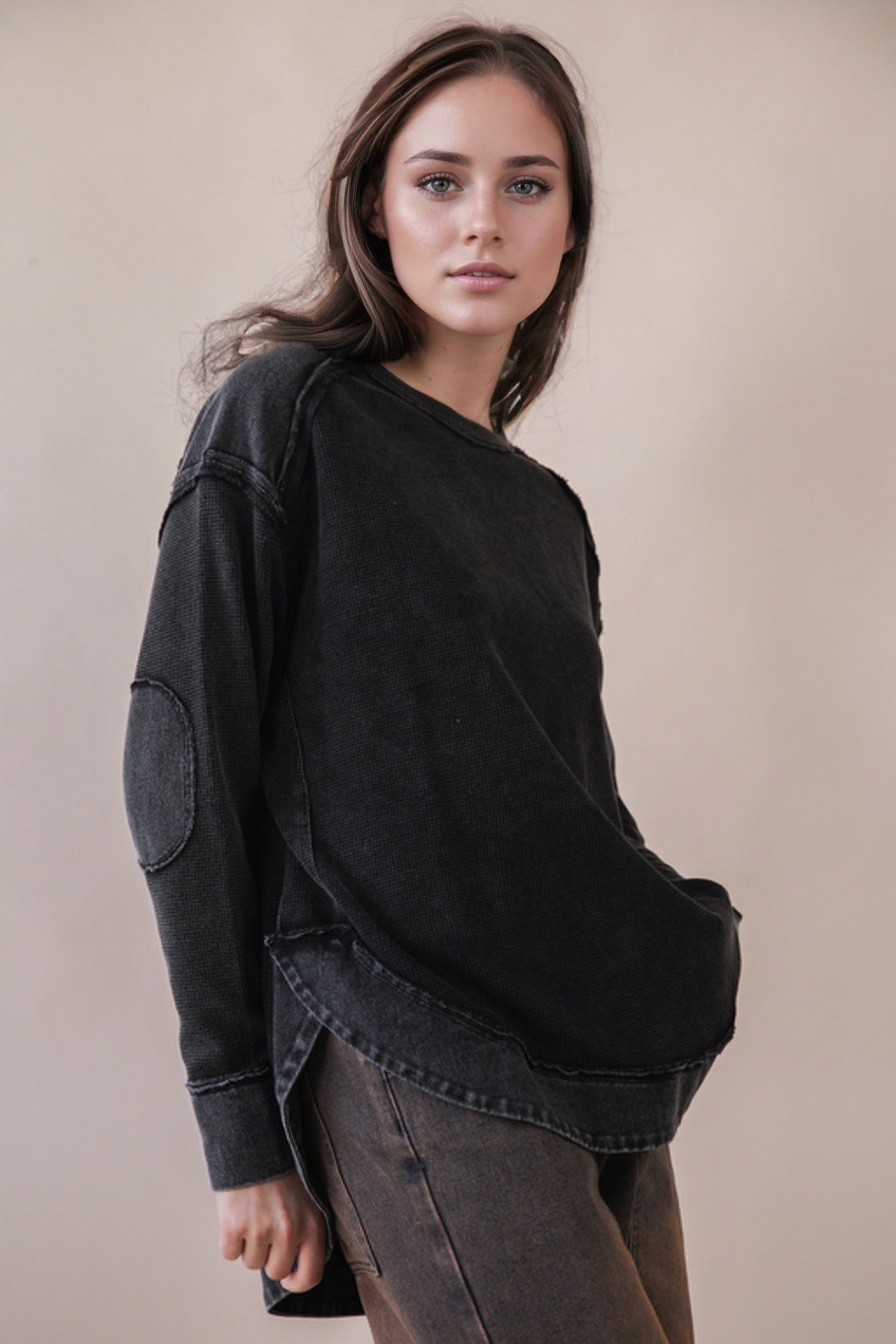 Mineral Washed Elbow Patch Contrast Knit Top | 2 COLORS