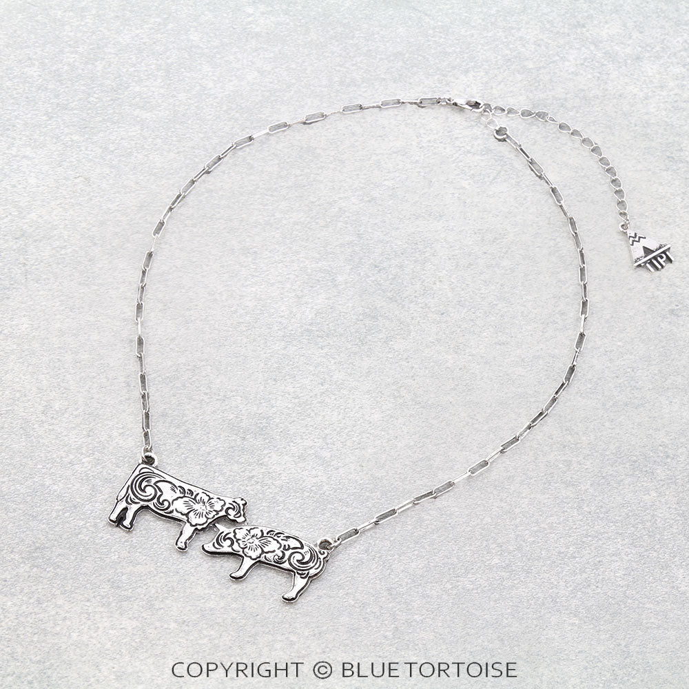 Western Etched Cow & Pig Necklace