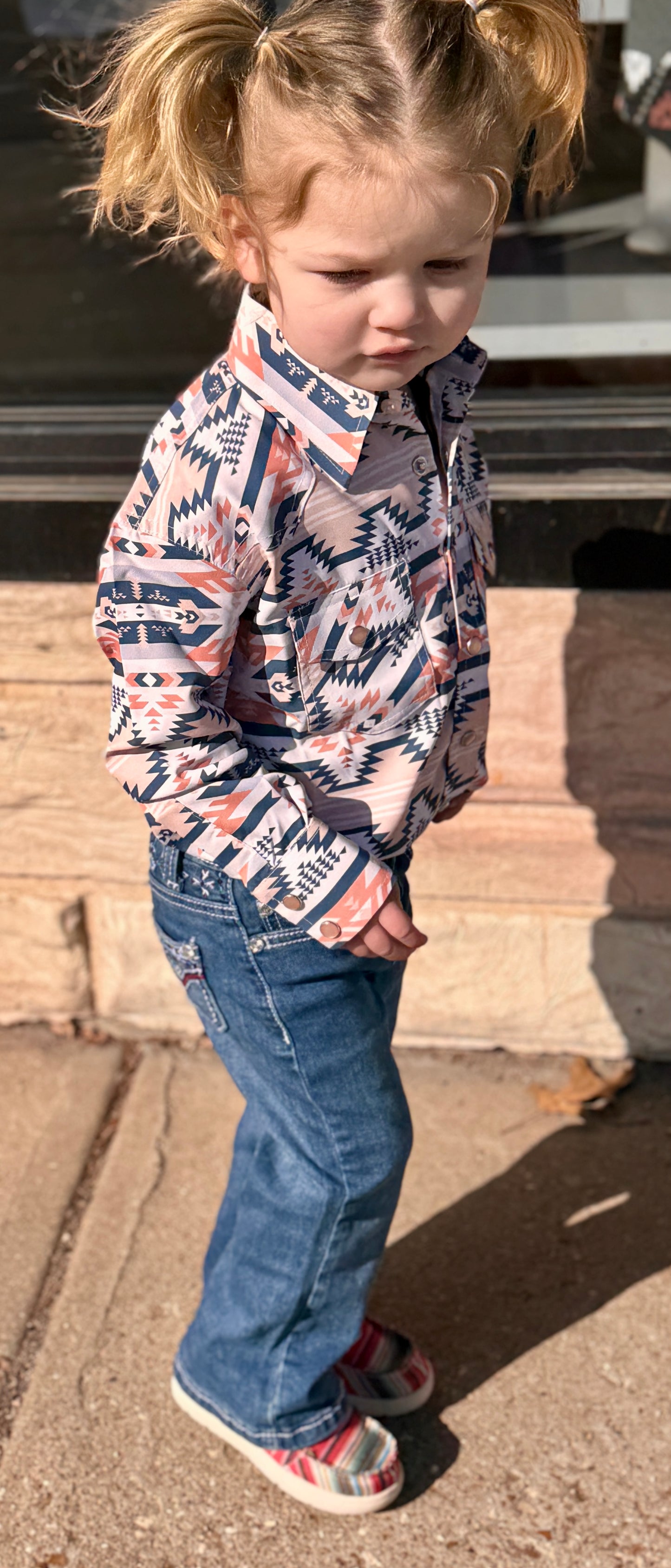 Peach Aztec Girls Long Sleeve Button UP
