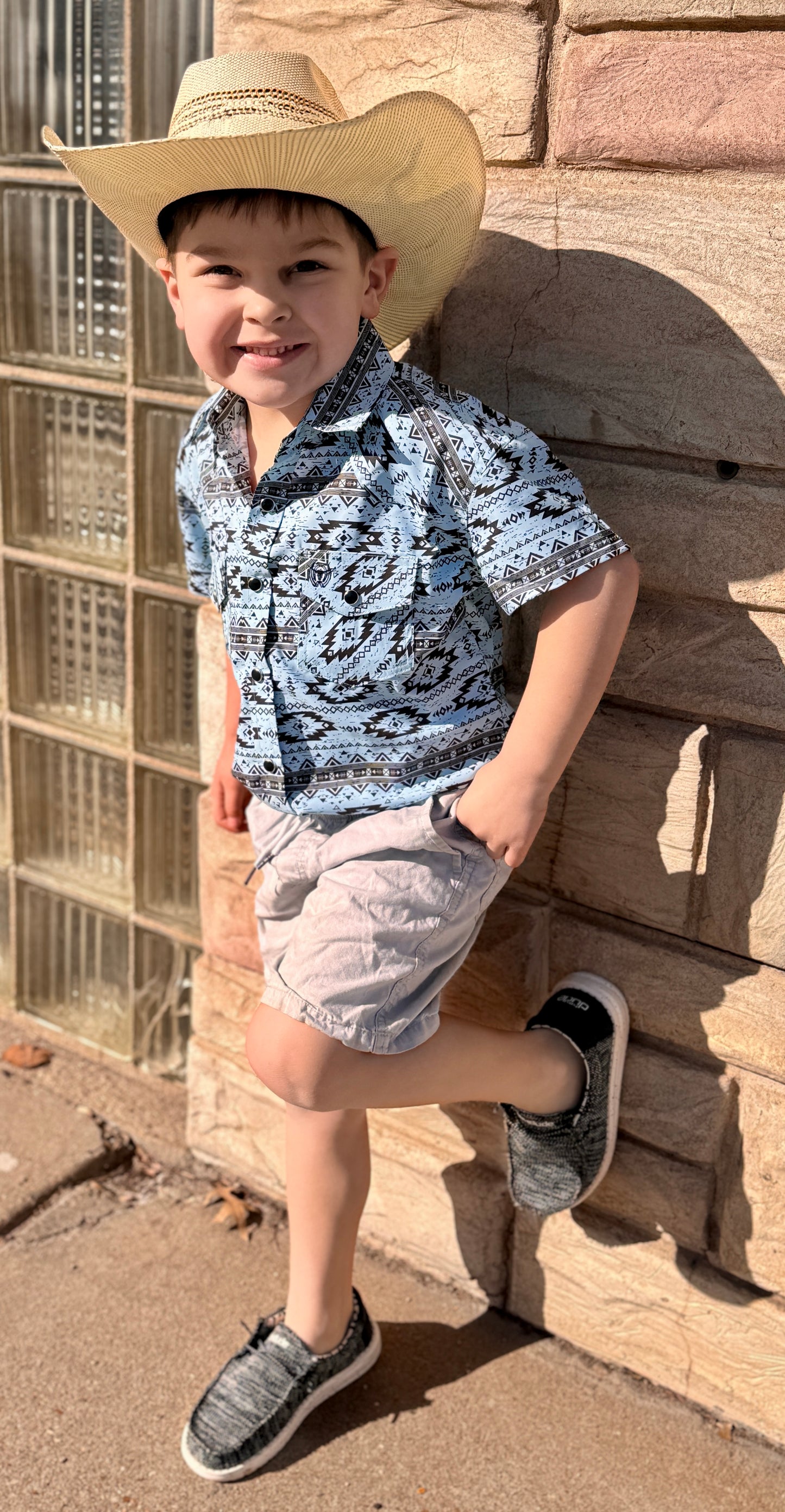 Blue Aztec Short Sleeve Button UP
