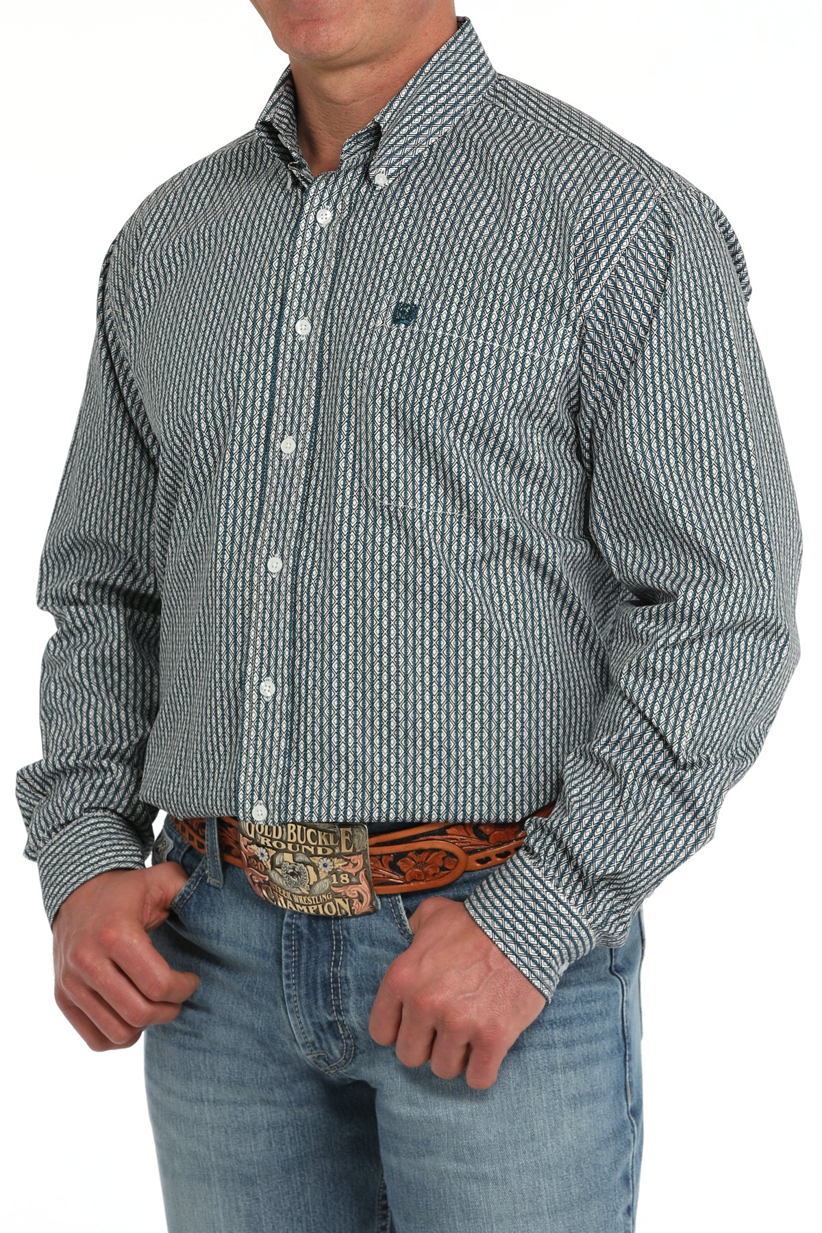 Cinch Long Sleeve Button Down - Teal/White