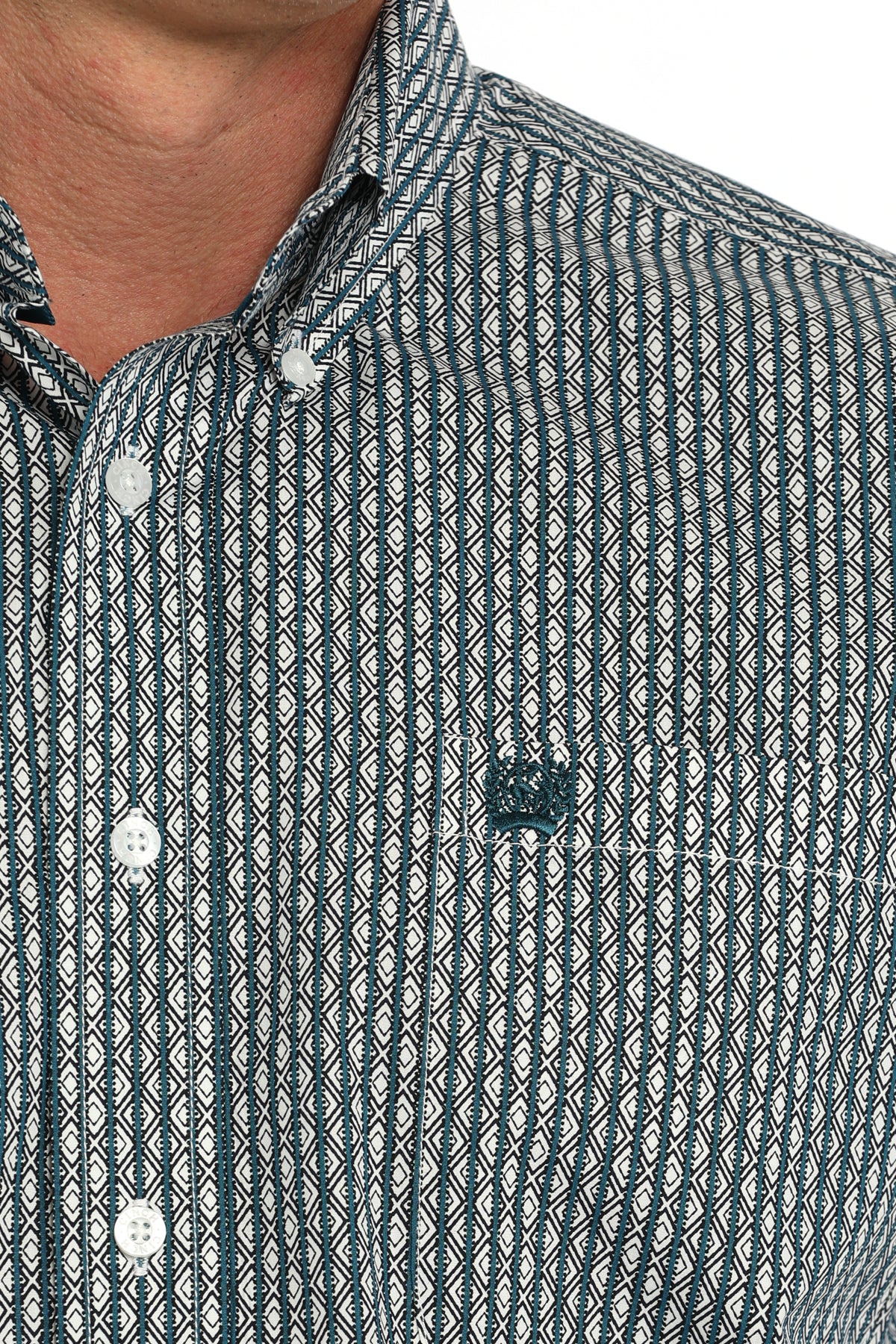 Cinch Long Sleeve Button Down - Teal/White