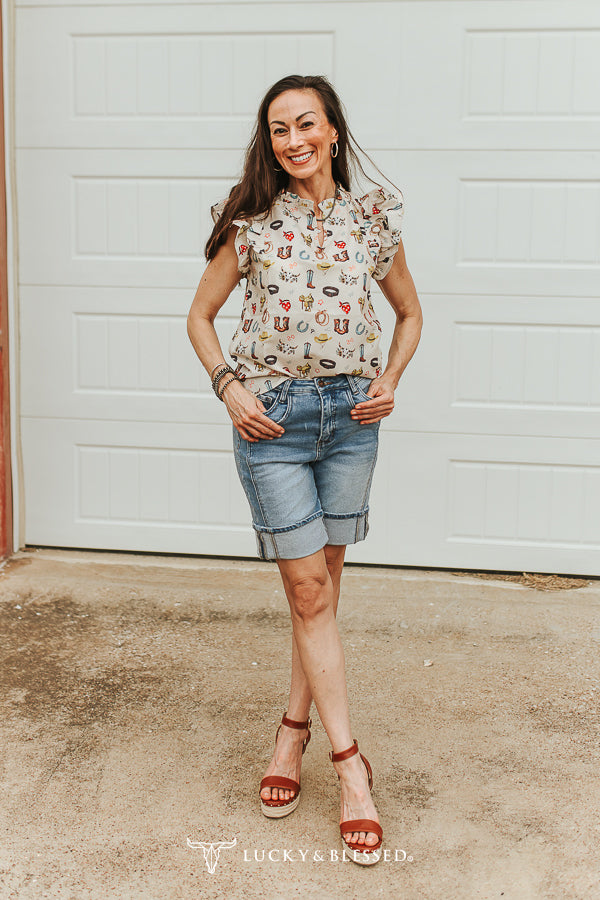 Sand Western Print Split Neck Top
