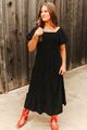 Black Short Sleeve Puff Sleeve Tiered Maxi Dress