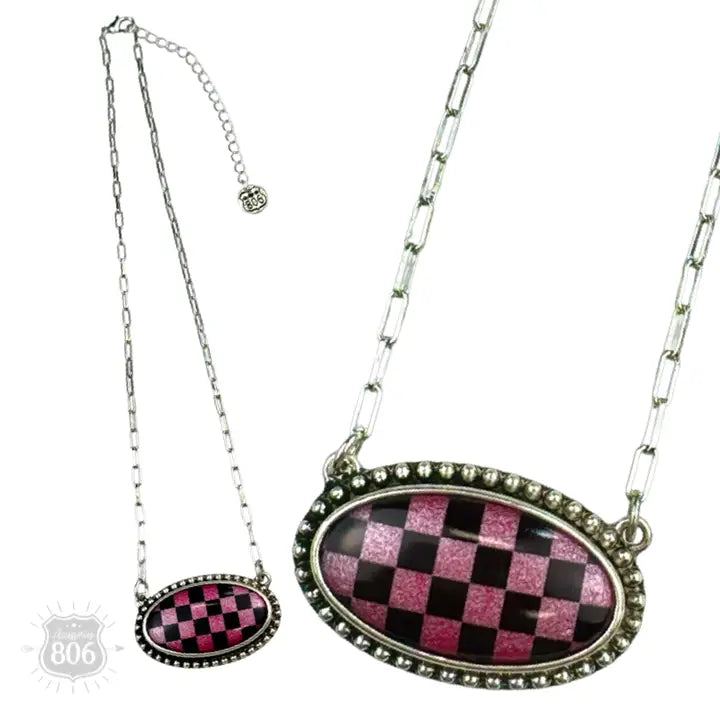 Checkerboard Print Oval Pendant Necklace | 2 Colors