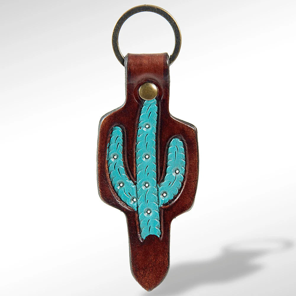 Tooled Leather Turquoise Cactus keyring Western Saguaro Design | American Darling
