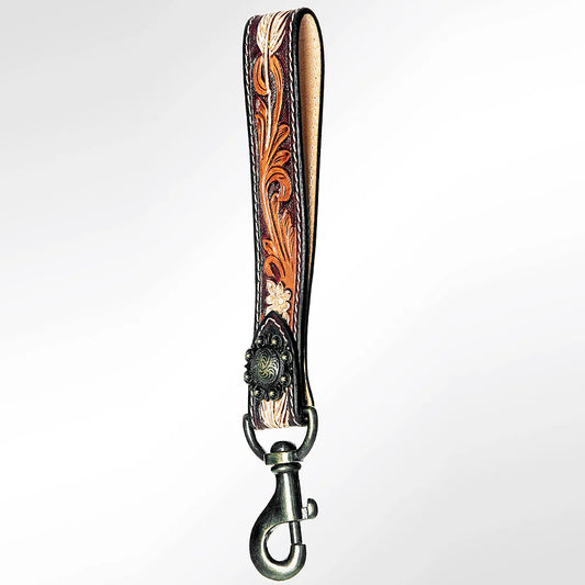 Hand Tooled Leather Wristlet Keychain - Tri-Tone Floral Scroll with Western Concho | American Darling