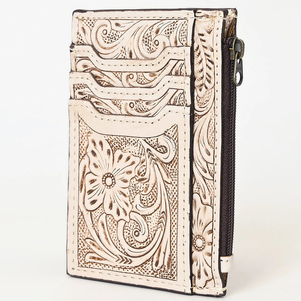 American Darling Western Leather Card Holder Bag with Hand-Tooled Floral Carved Detail