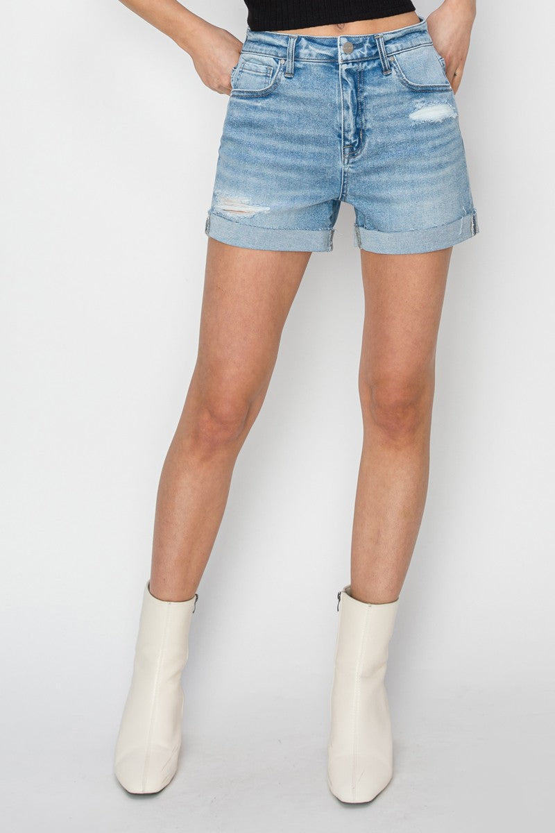 Risen High Rise Cuffed Light Wash Shorts