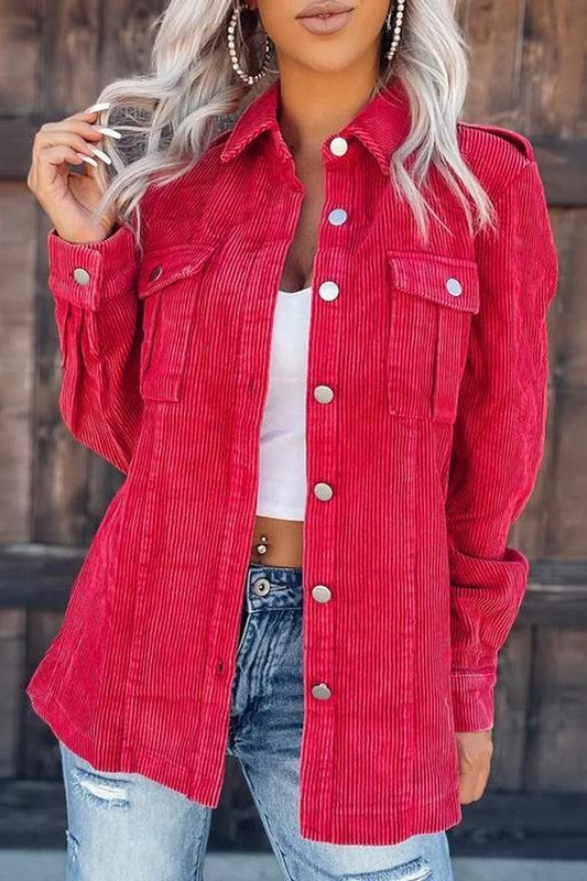 Oversized Cotton Waffle Shacket | Gray & Red