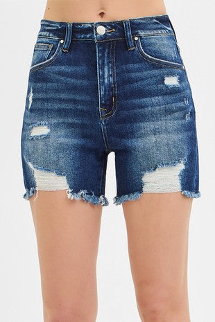 Risen High Rise Distressed Mid Thigh Shorts
