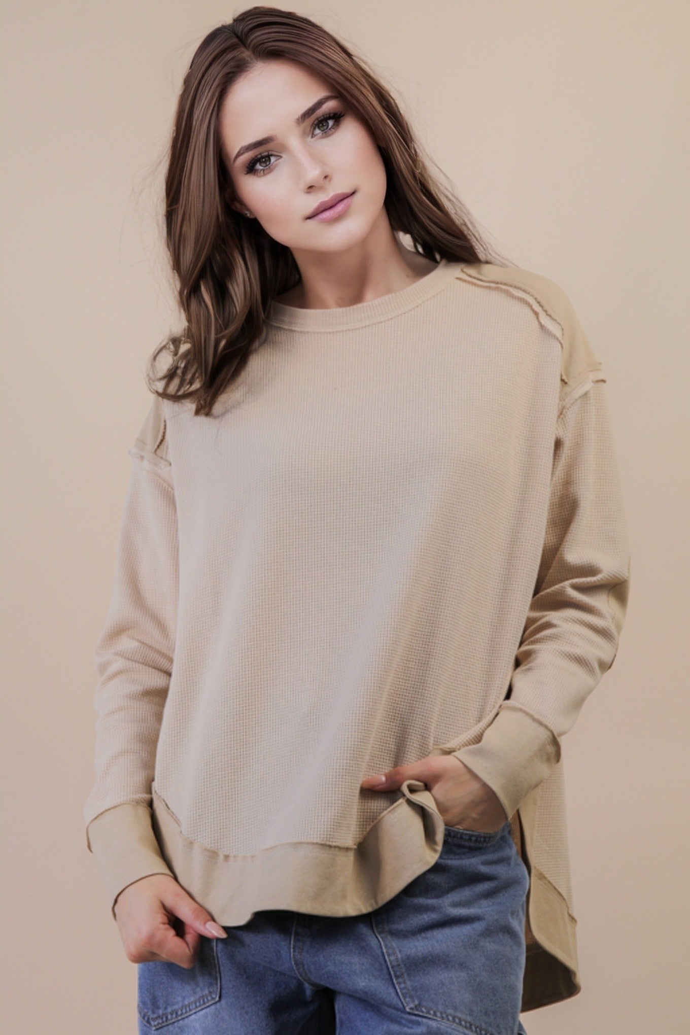 Mineral Washed Elbow Patch Contrast Knit Top | 2 COLORS