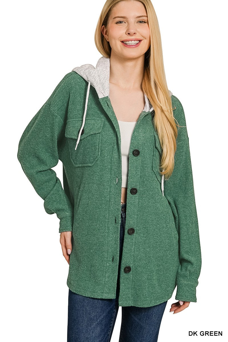 Brushed Rib Hooded Button Down Shacket