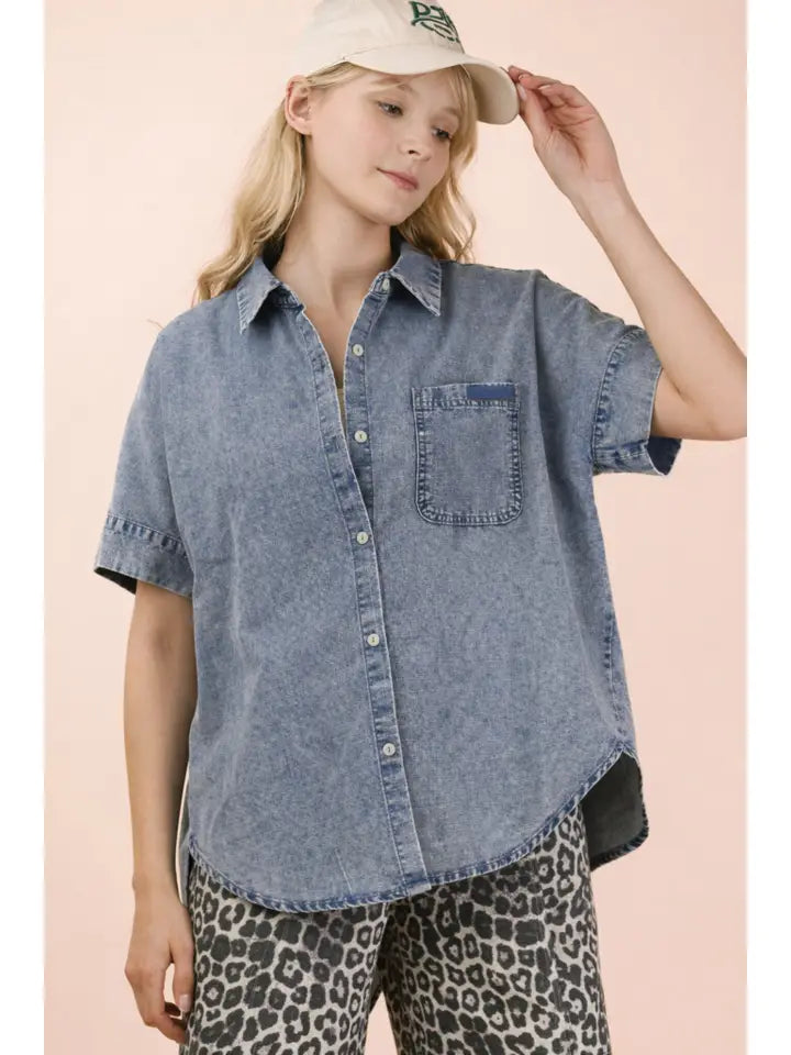 Mineral Washed Chambray Oversized Shirt Top