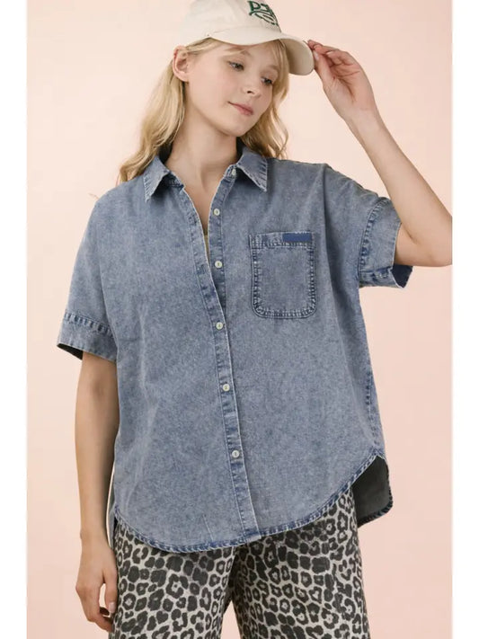 Mineral Washed Chambray Oversized Shirt Top