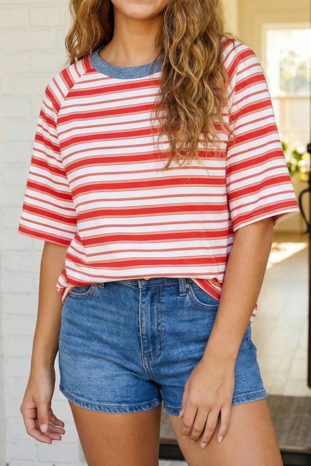 LAS Striped Raglan Sleeve Contrast Neck T-Shirt (S-XL)