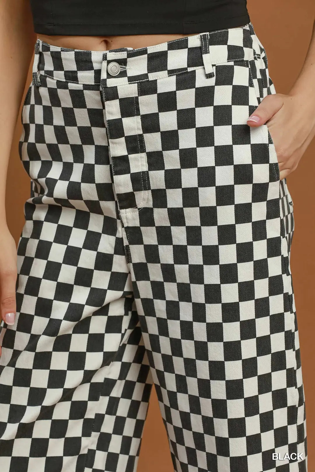 Black Checkered Crop Denim | Elastic Waistband