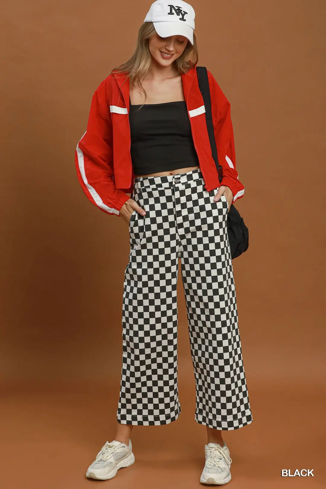 Black Checkered Crop Denim | Elastic Waistband