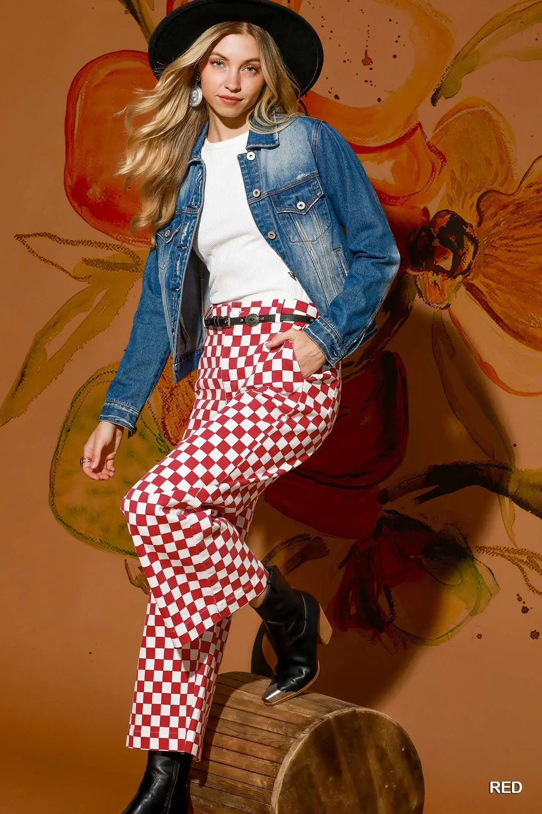 Red Checkered Crop Denim | Elastic Waistband