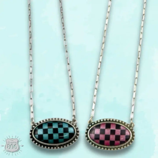 Checkerboard Print Oval Pendant Necklace | 2 Colors