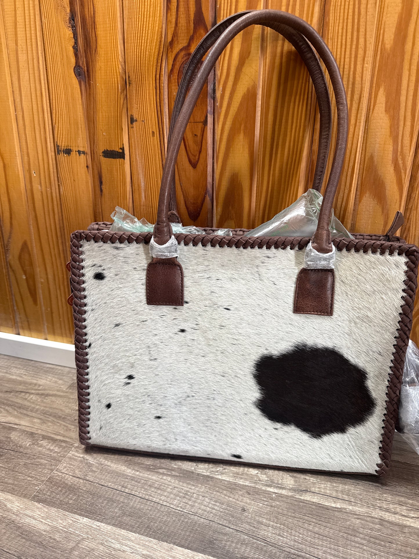 Western Cowhide Tote -Hair-On Leather Bag with Braided Whipstitch & Strap | American Darling