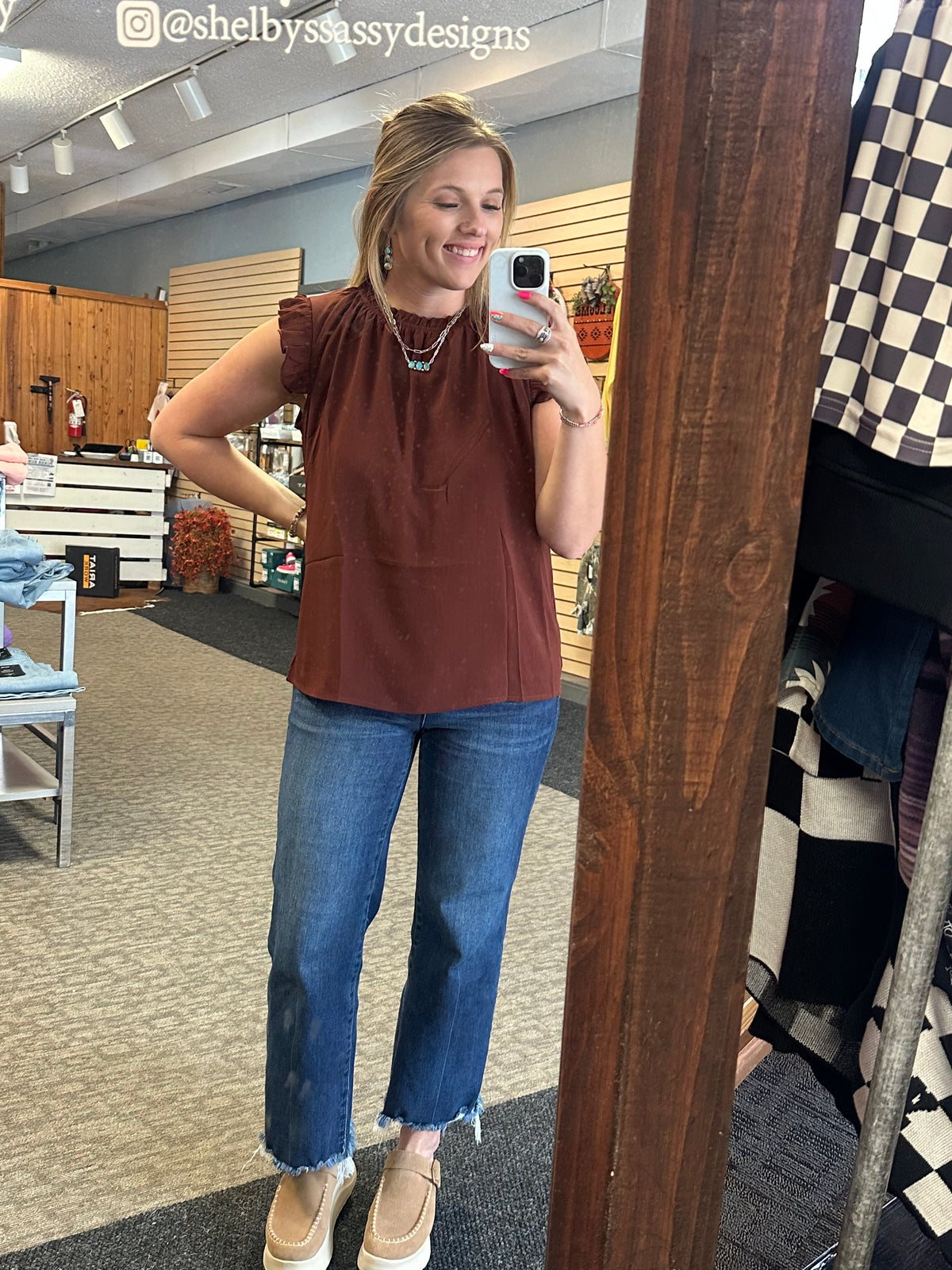 Camel Ruffle Sleeveless Blouse