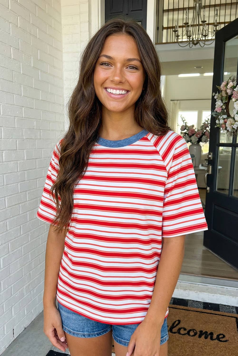 LAS Striped Raglan Sleeve Contrast Neck T-Shirt (S-XL)