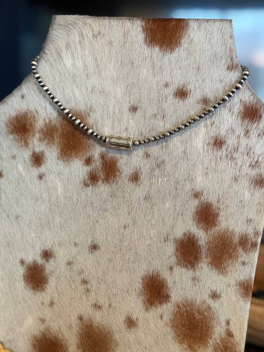 #051 Sterling Pearl Barrel Bead Necklace 