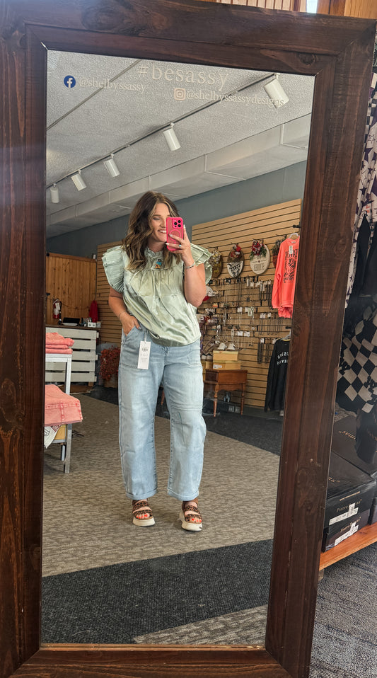 Sage Satin Pleated Ruffle Sleeveless Top