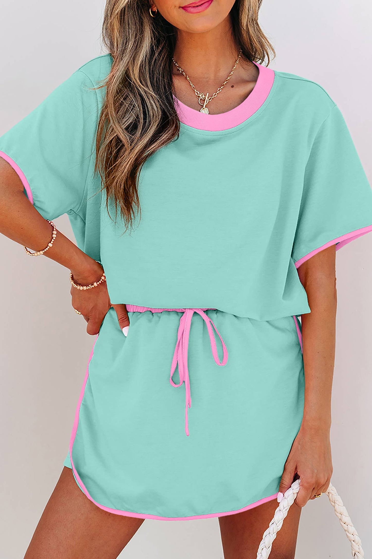 Colorblock Drop Shoulder T Shirt and Skort 2Pcs Set (S-XL)