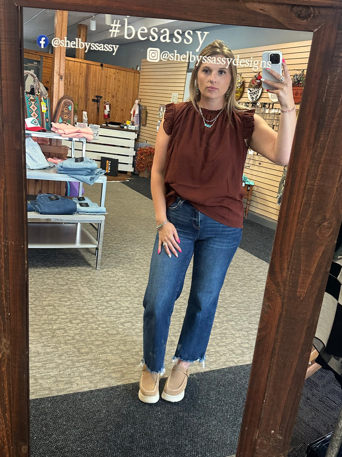 Camel Ruffle Sleeveless Blouse