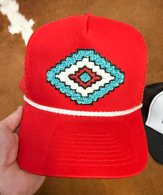 Aztec Chenile Patch Hat - Red Structured