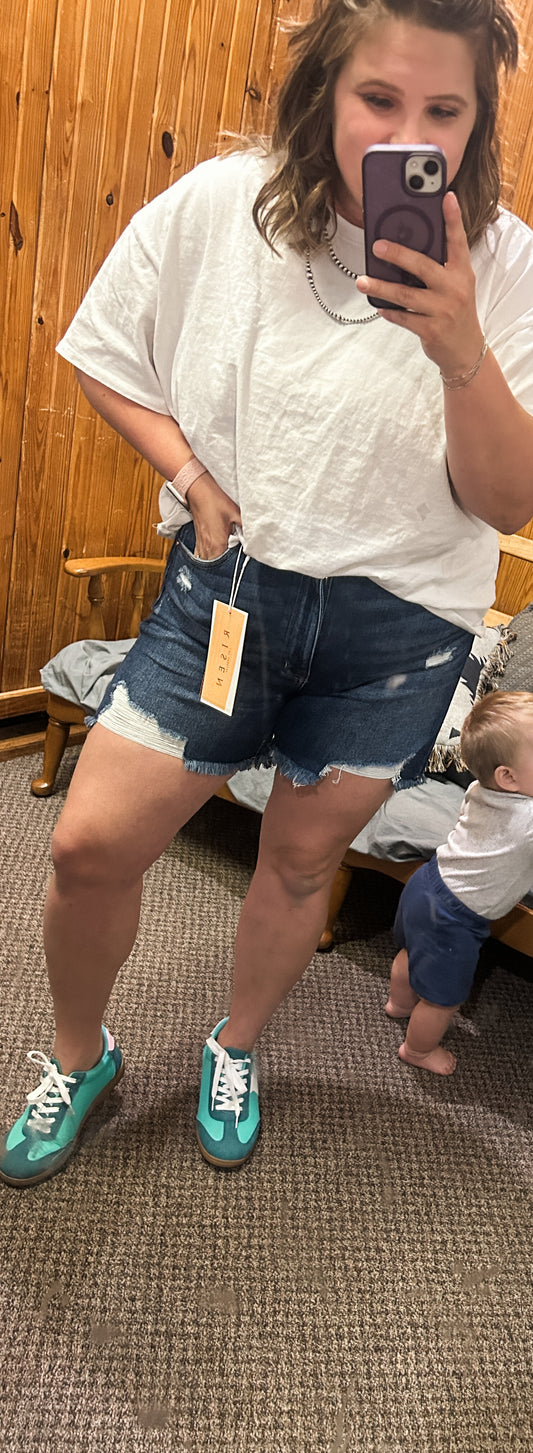 Risen High Rise Distressed Mid Thigh Shorts