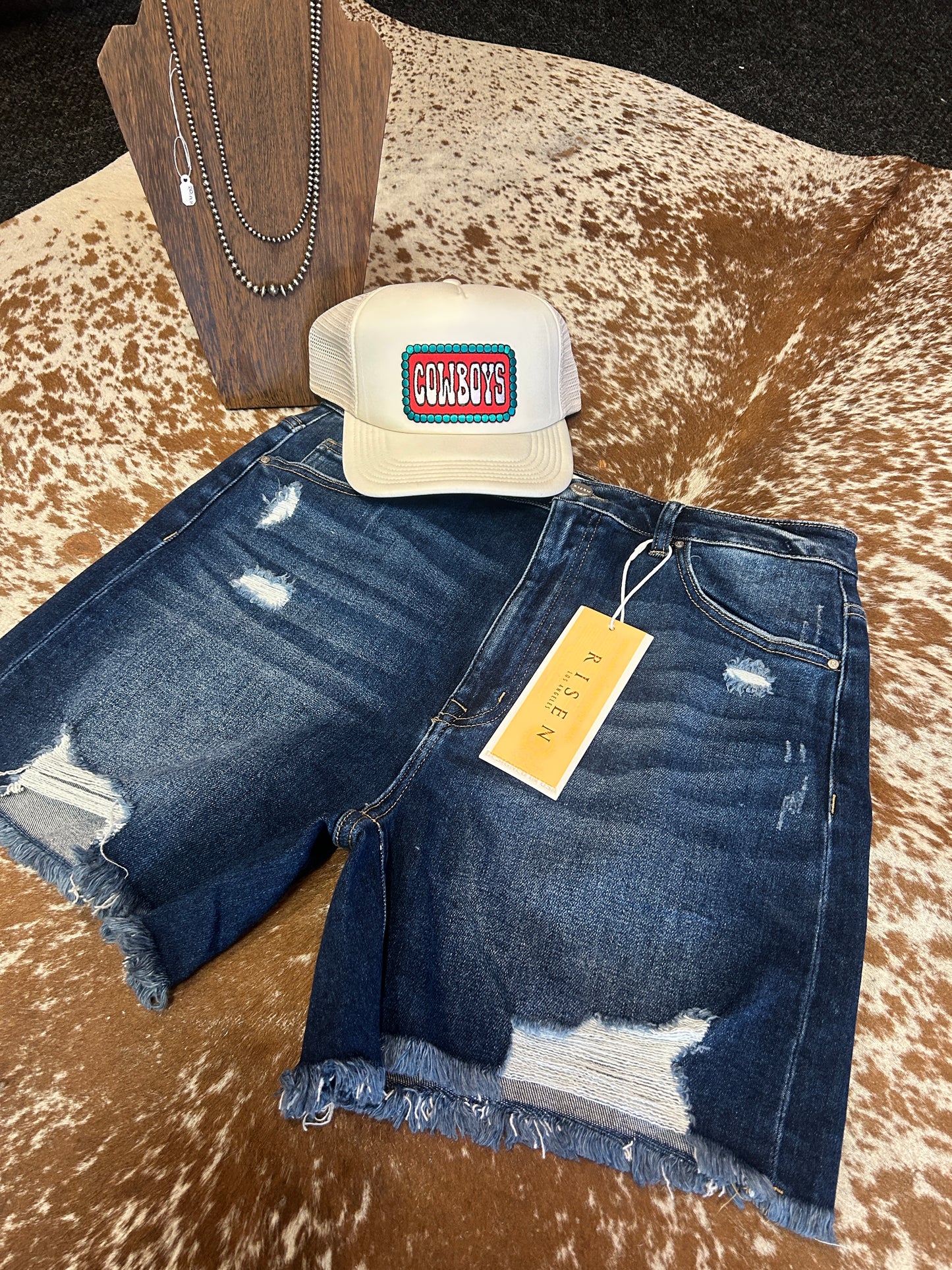 Risen High Rise Distressed Mid Thigh Shorts