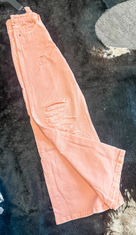High rise Coral Distressed Wide Leg Trouser