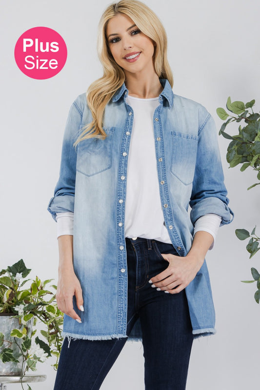 LONG SLEEVE FRAY HEM DENIM TOP | s - xl