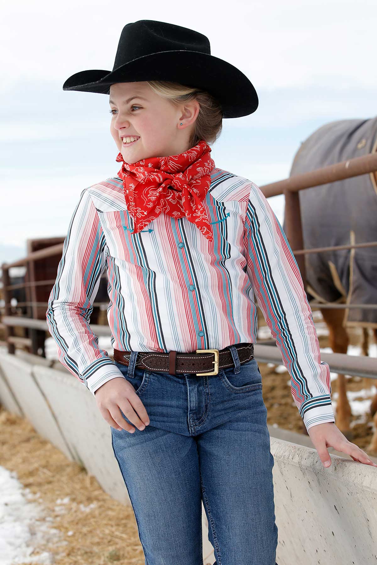 Girls Cinch Multi Color Striped Button Down