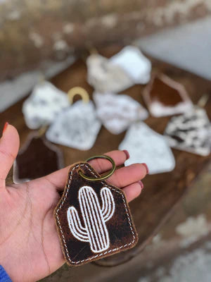Rustic Cactus Leather Keychain