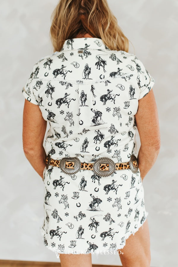 Ivory Western Corse Printed Pearl Snap Button Down Shirt Dress